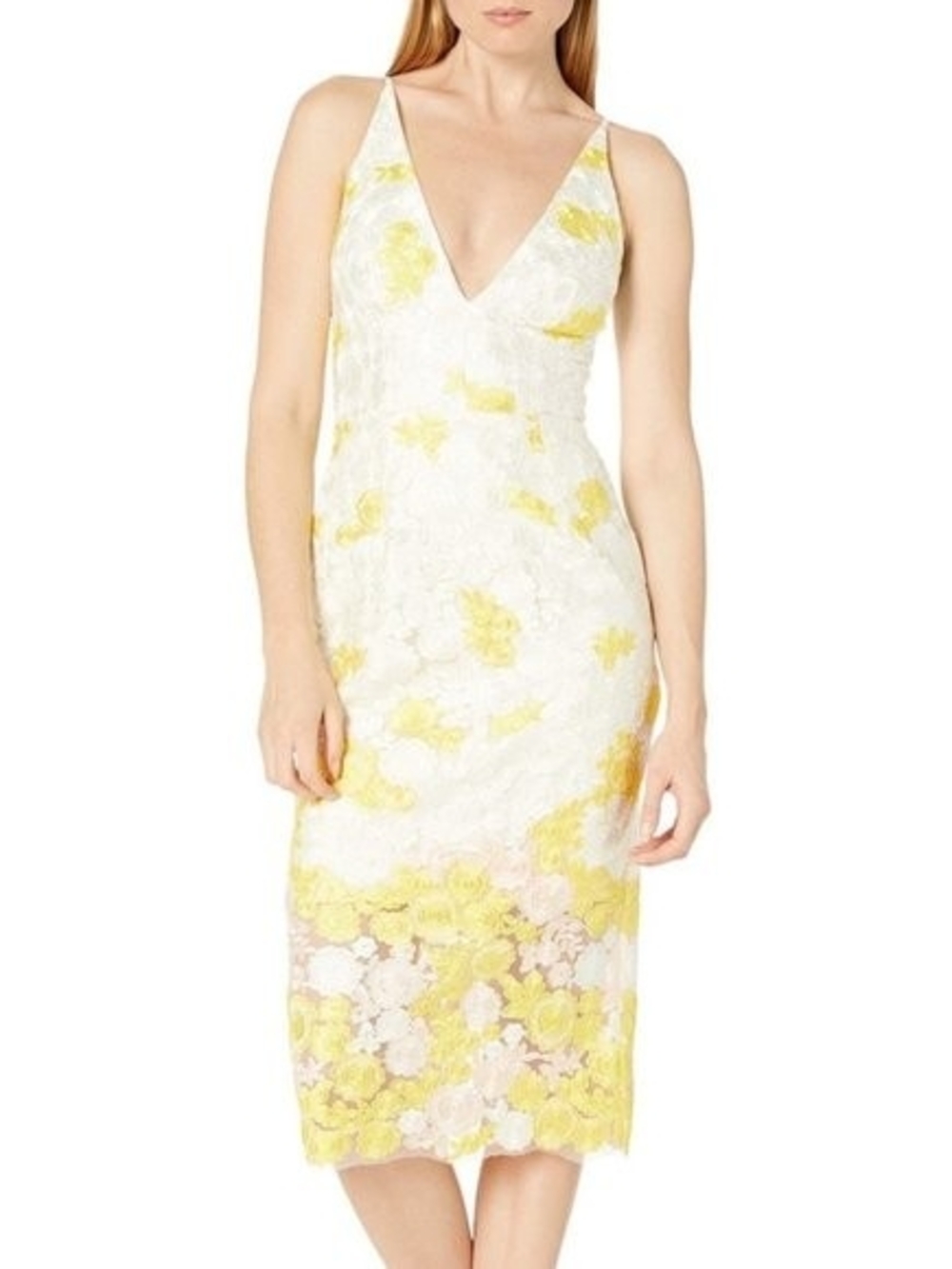 Dress The Populqtion Floral Lace Midi Dress - Yellow/White
